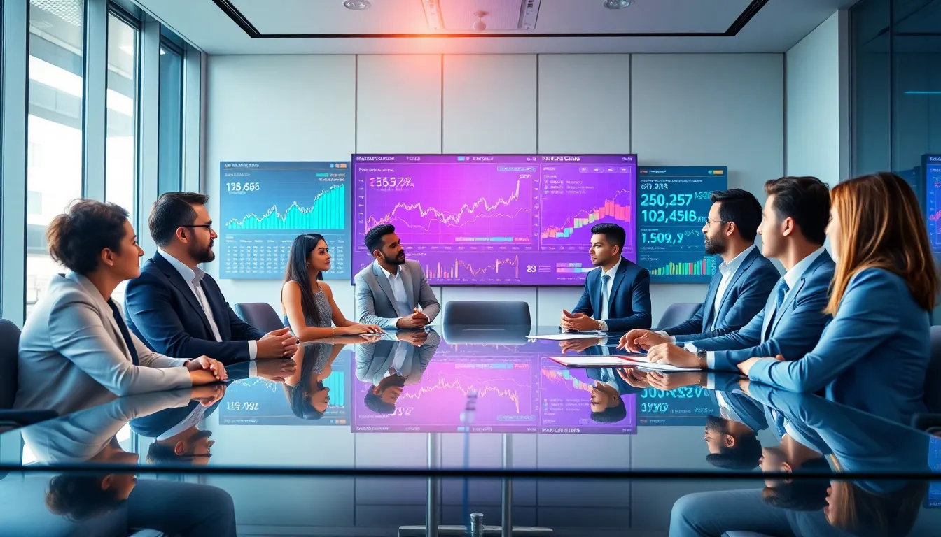professionals analyzing tech investment data in a modern boardroom.