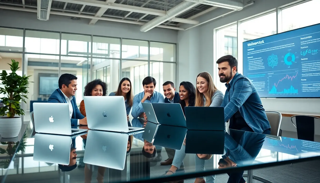 diverse team collaborating in a modern office at Walmart Global Tech.