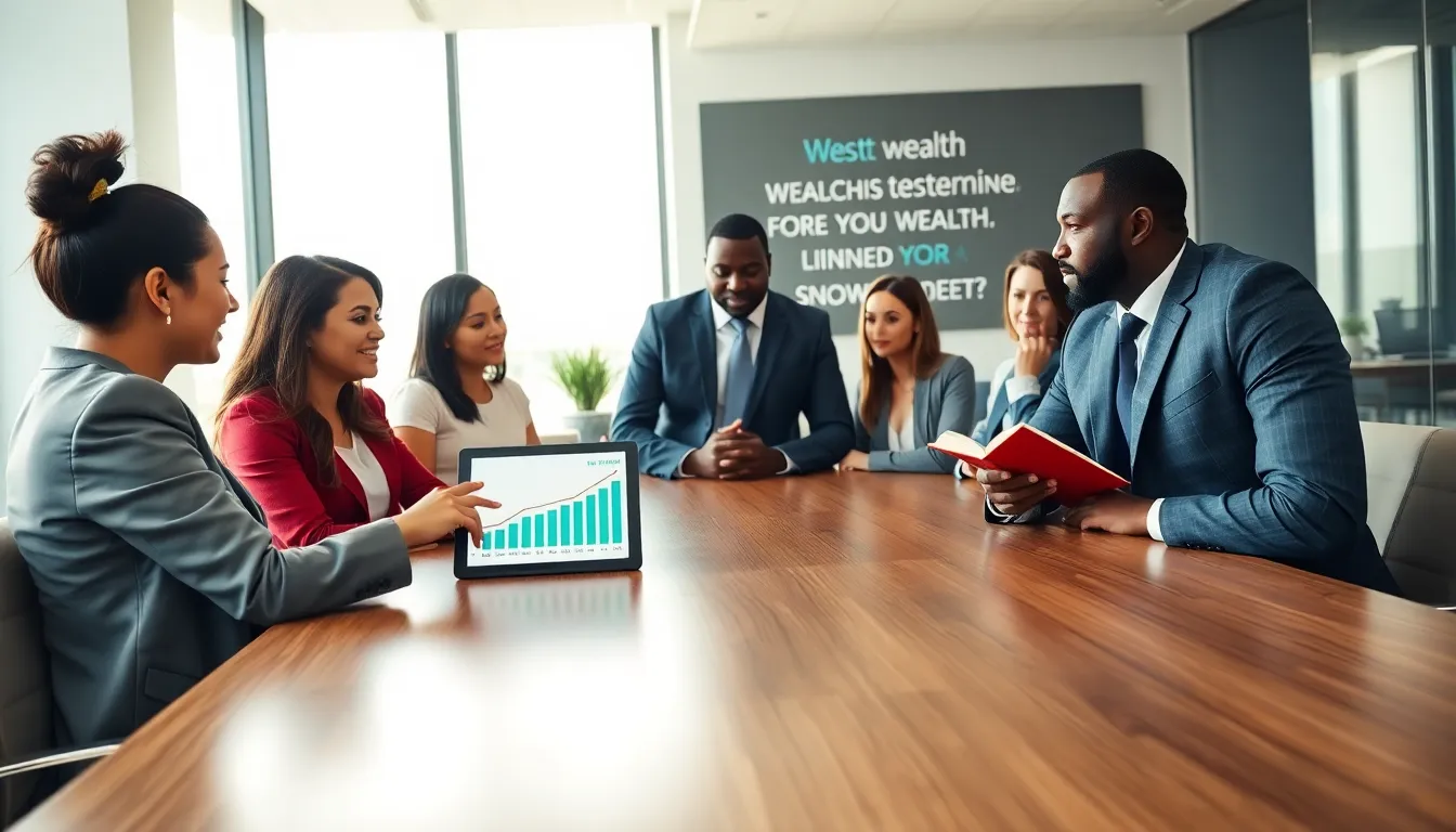 diverse professionals discussing wealth-building strategies in a modern office.